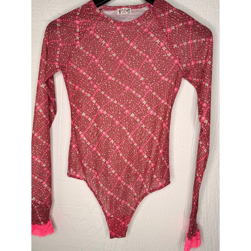 Free People Intimately‎ Pink Floral Mesh Bodysuit Neon Lace Trim Long Sleeve S